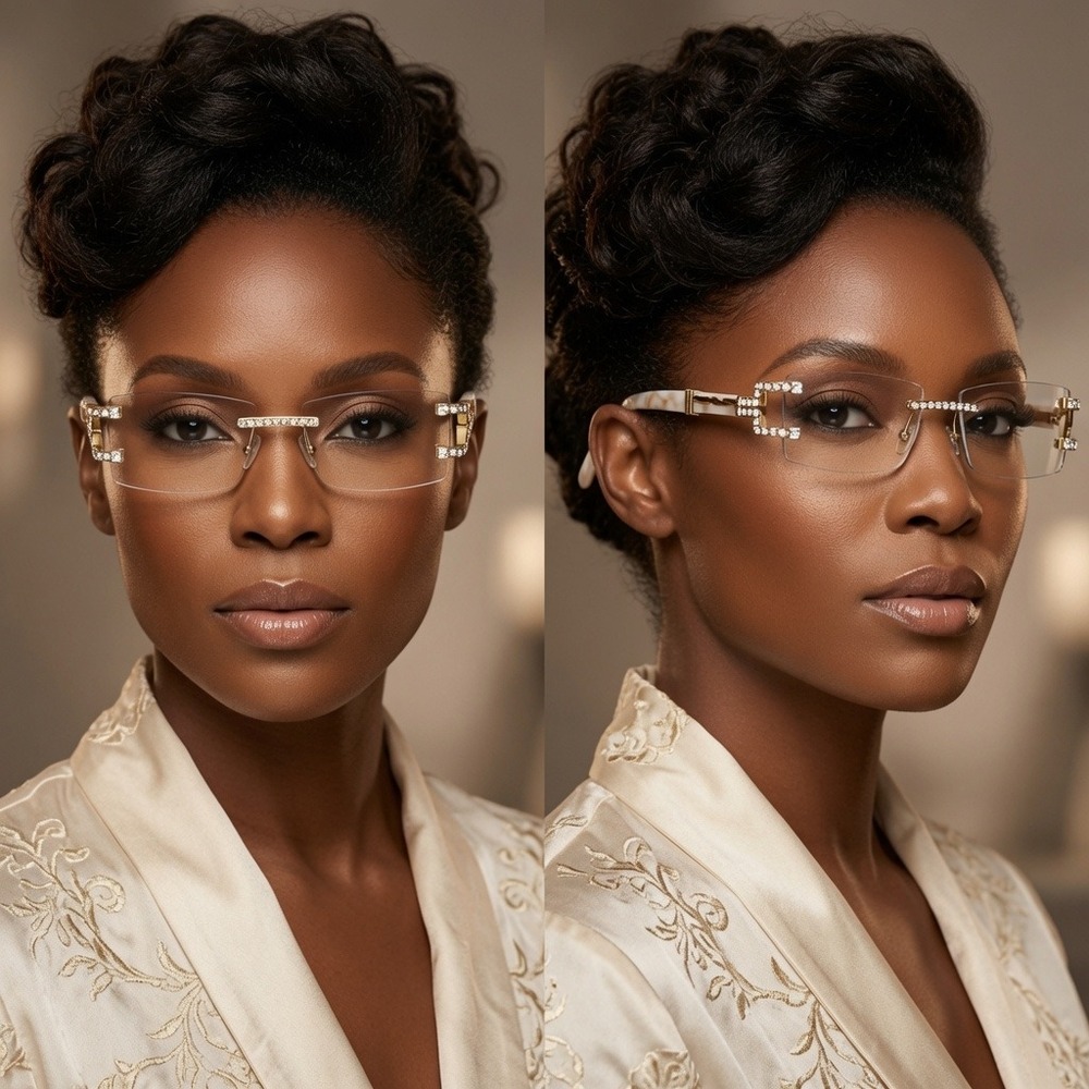 Gold Rimless Rectangle Glasses‎ Rhinestone WOmen Crystal Cream Marble Clear Lens
